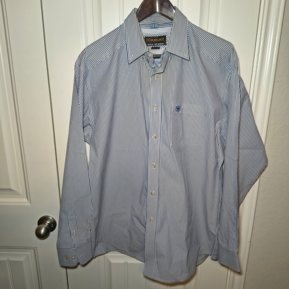 Ariat Pro Series‎ Mens Large Blue White Striped Long Sleeve Western Button Shirt